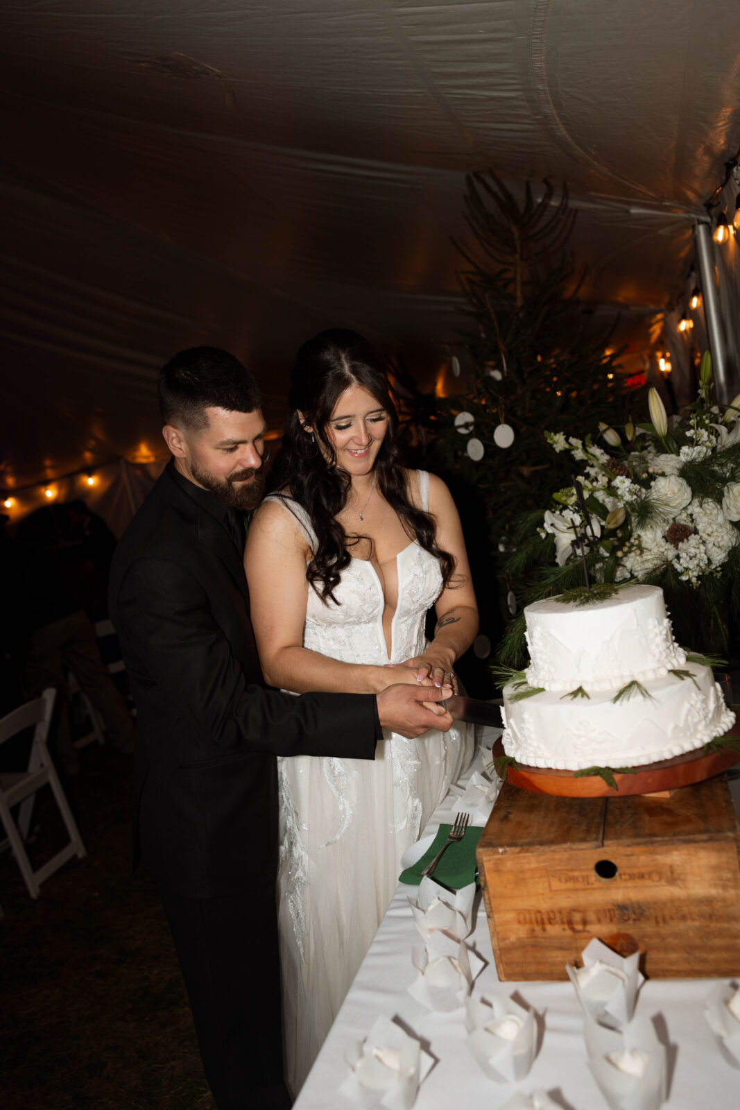 Caitlin and David cutting their wedding cake