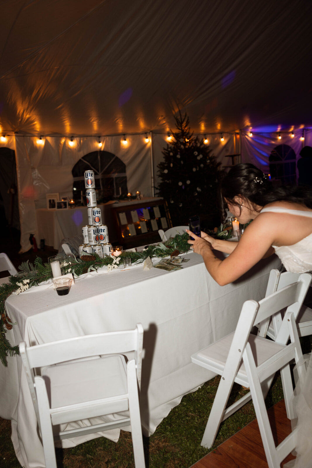 Miller Lite tower made by guests | New England Backyard Wedding